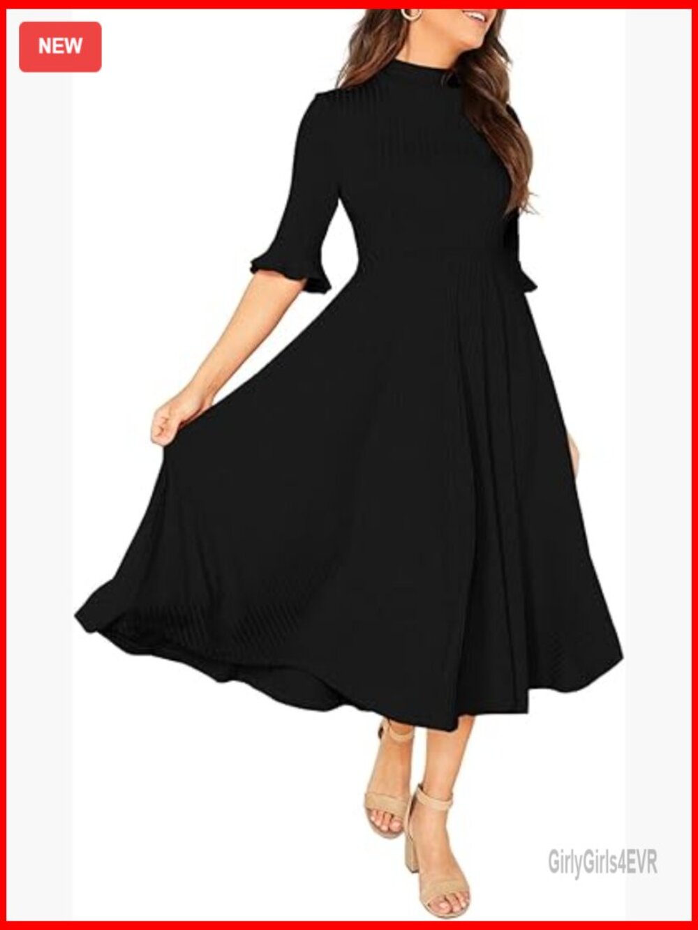 Ruffle Half Sleeve Mock Neck A Line Midi Dress Fit And Flare Work Party